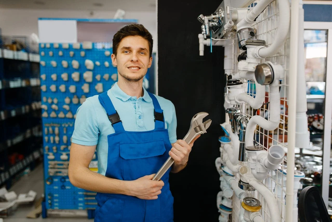 Plumber holding a wrench in a plumbing store